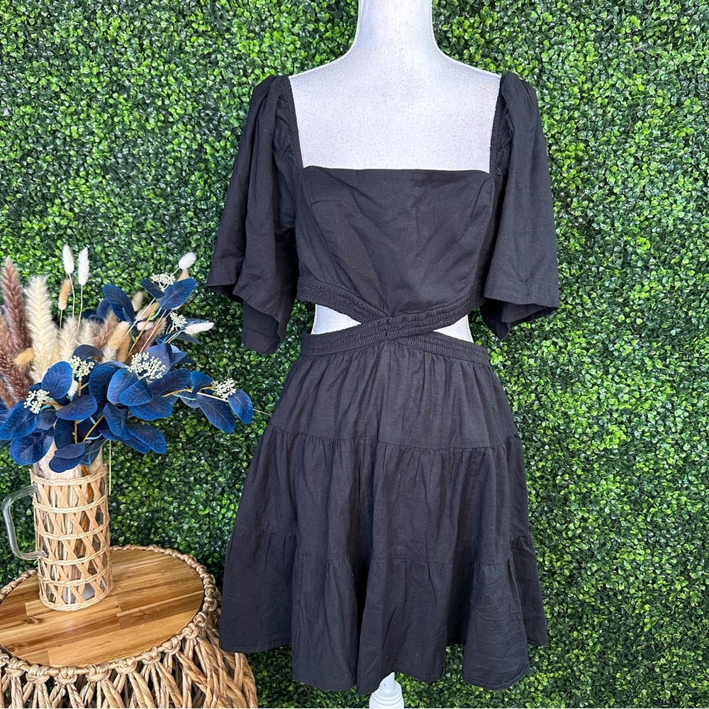 NWT Free People Cross‎ Of Sunlight Mini Dress Cutout Waist  Black linen blnd - Picture 7 of 14